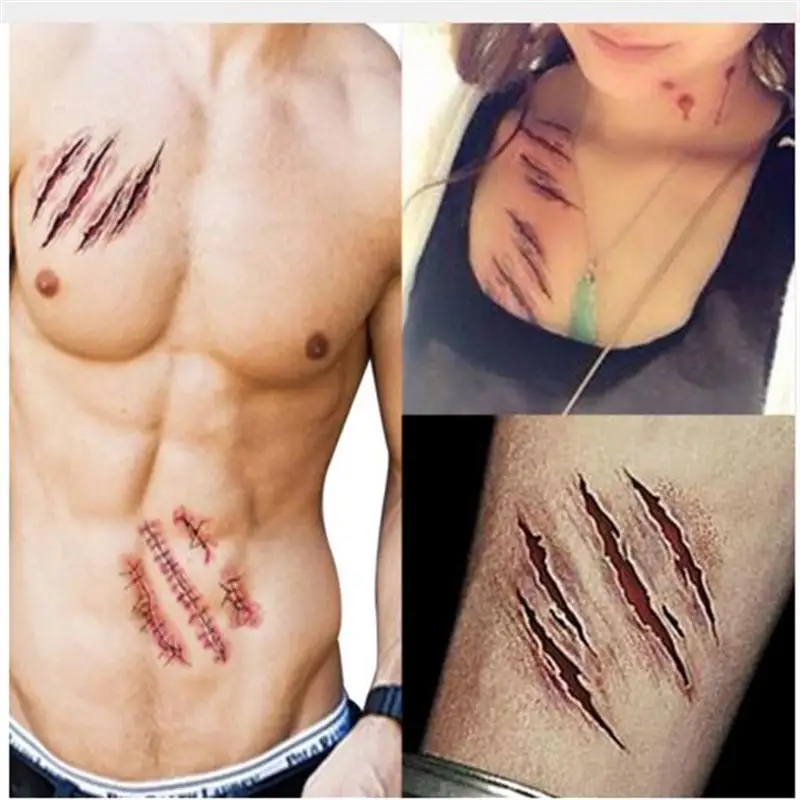 

Waterproof Temporary Tattoo Sticker Body Art Horror Realistic Fake Bloody Wound Stitch Scar Scab Stickers Halloween Toys