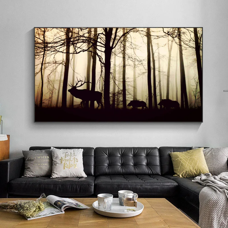 Картина на холсте скандинавский пейзаж плакаты и принты силуэт леса дерево олени