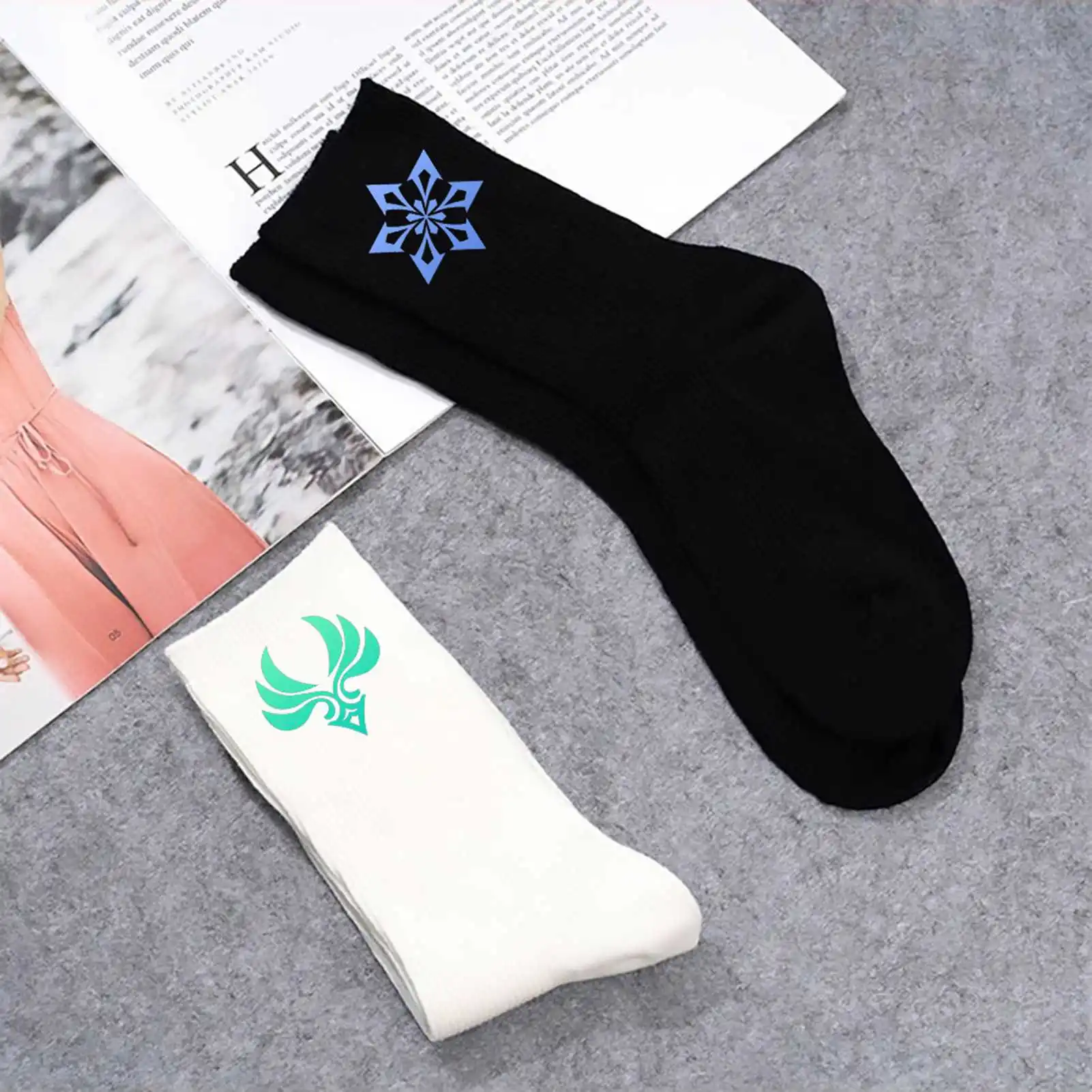 Anime Genshin Impact Cosplay Socks Printed White Black Cotton Sock Men Women Unisex Casual Spring Autumn Christmas Gifts | Женская