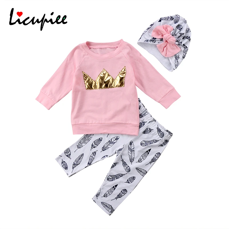 

Toddler Kids Baby Girls Clothes Long Sleeve Crown Pullover Tops T-shirt +feather Print Pants Bow Hat 3pcs Clothing Set 1-4 Years