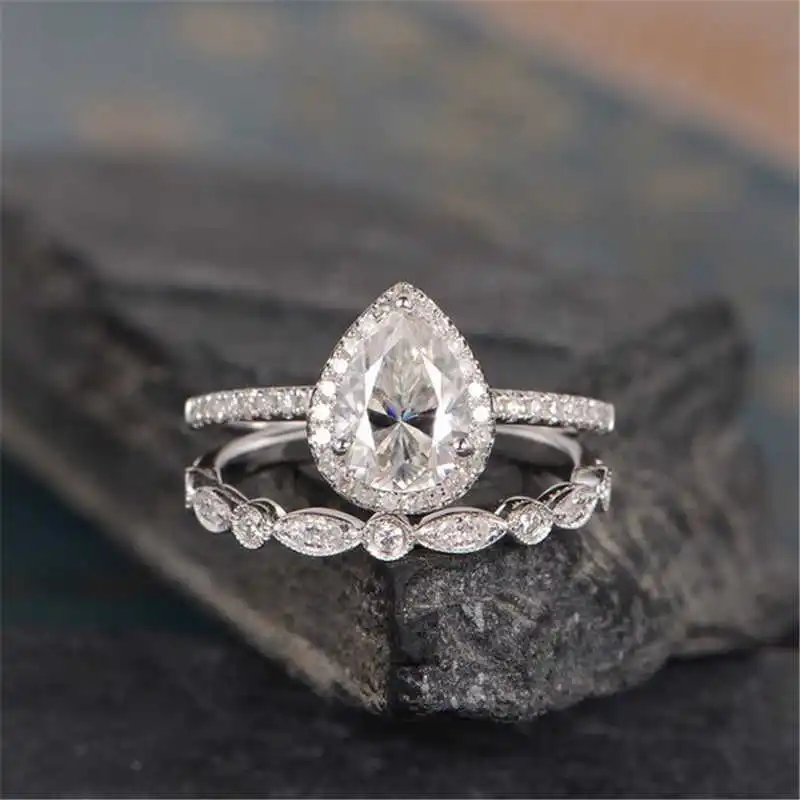 

Silver Color Pear Cut Ring Set Wedding Engagement Ring for Women Party Gift