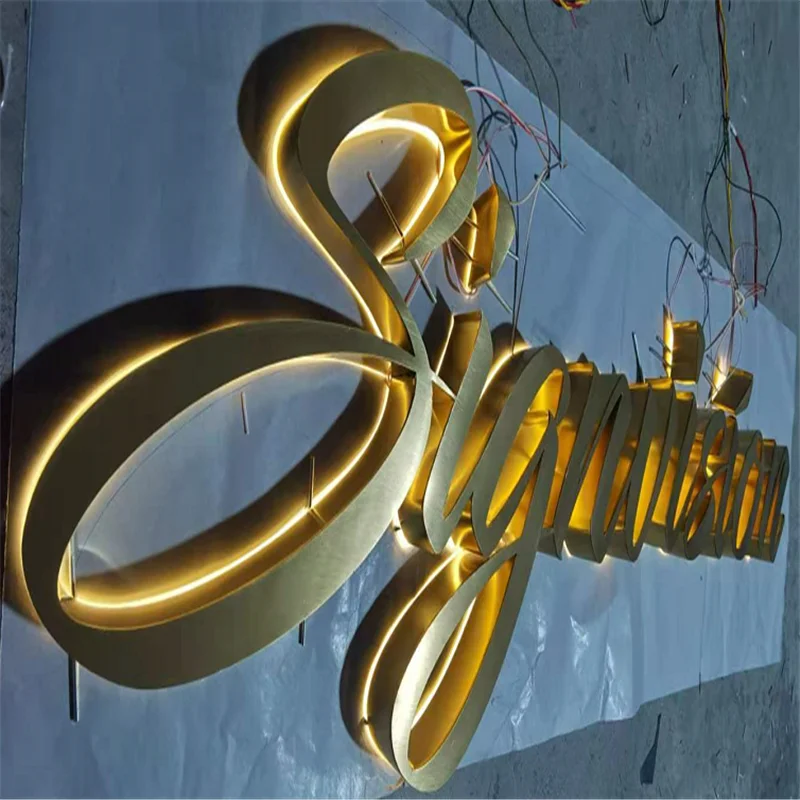 Пользовательский золотой зеркальный полированный матовый светодиодный знак из нержавеющей стали с задней подсветкой, СВЕТОДИОДНЫЙ знак с ... от AliExpress WW