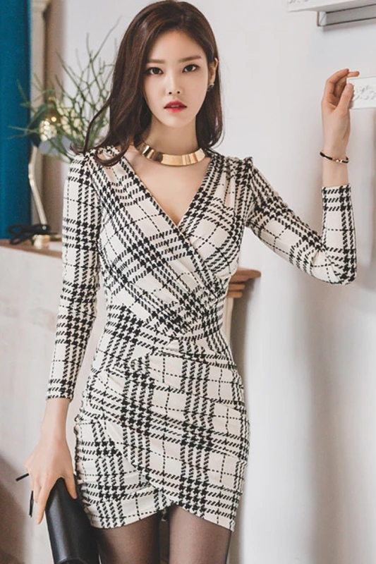 

COIGARSAM Fashion Plaid Women dress New Sexy V-Neck Dresses White 1617