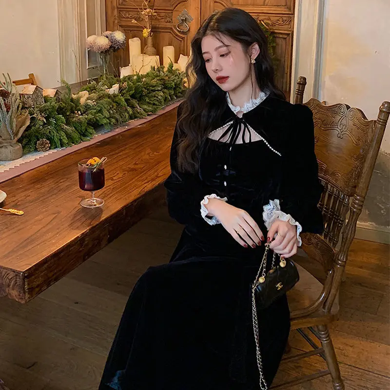 

Spring Goth Lolita Dress Women Elegant Retro Patchwork Hepburn Party Midi Dress Female French High Street Korean Designer Dress