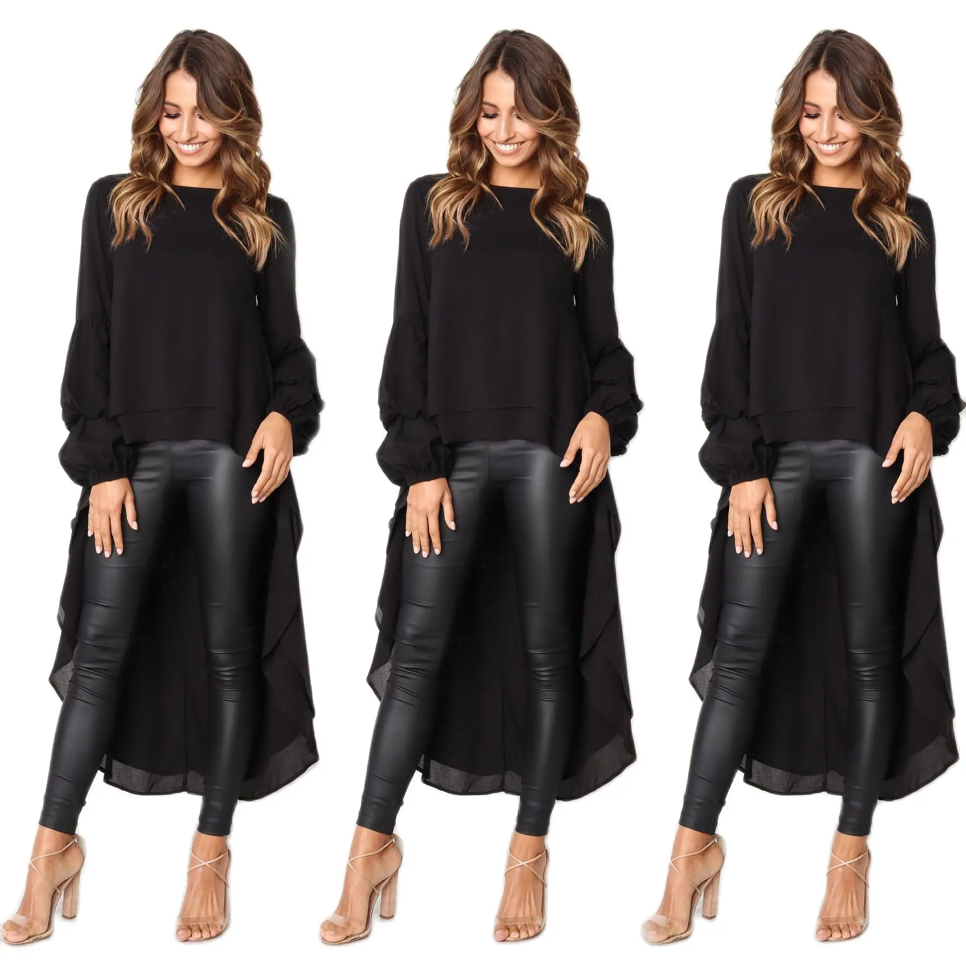 

Women's Lantern Long Sleeve Round Neck High Low Asymmetrical Irregular Hem Casual Tops Blouse Shirt Female Dress