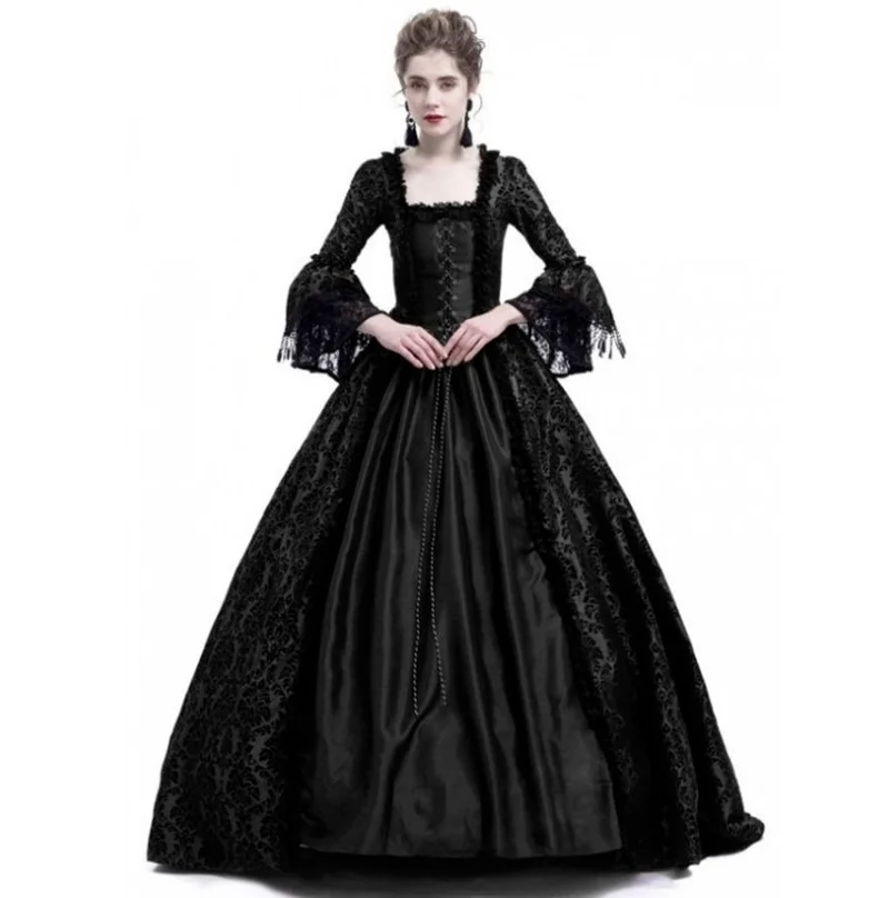 

Women's Big Bell Sleeves, Square Collar, Waist, Thin Lace Dress, Cosplay Girl Stitching, Medieval Palace Retro Dress