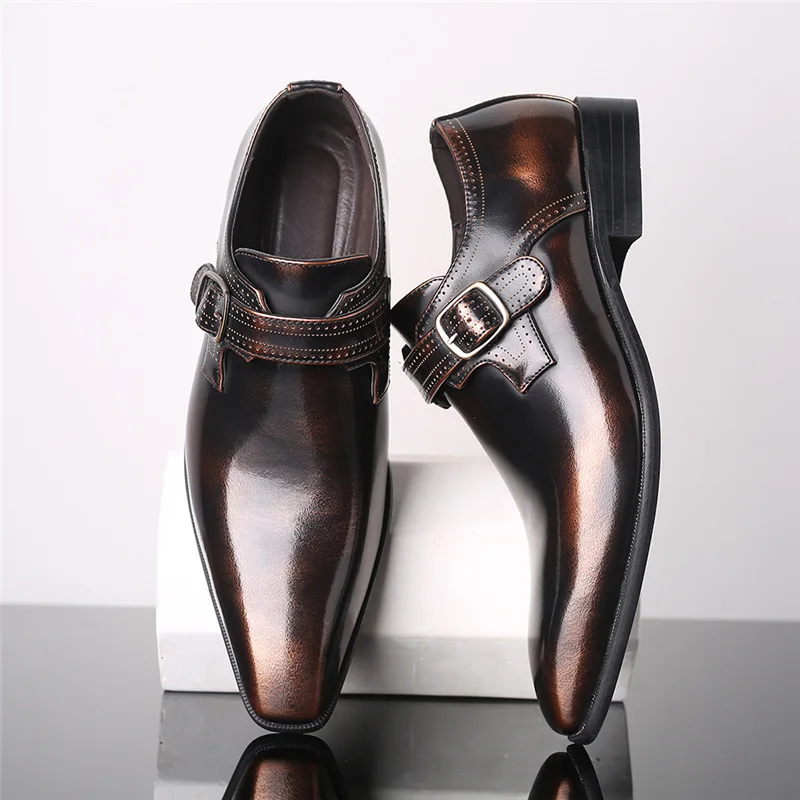 

FIXSYS Buckle Mens Dress Shoes Italian Style Business Shoes Leather Man Oxfords Man Monk Strap Shoes Pointed-toe Wedding Shoes