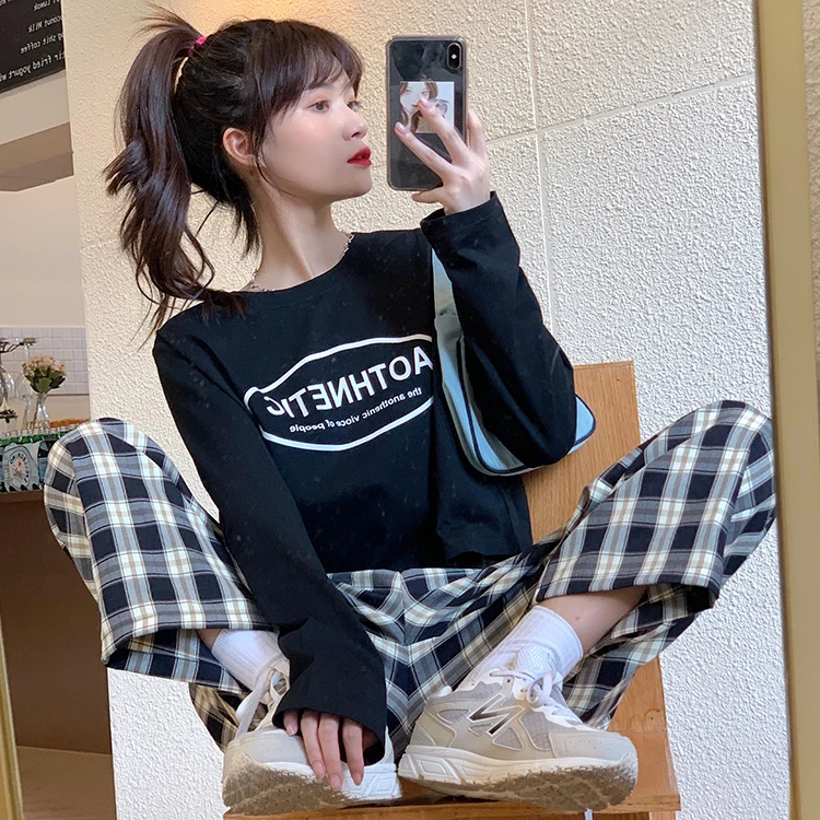 

YTX1796 2021 new Loose Korean version spring and autumn students foreign style all-match short base long-sleeved T-shirt