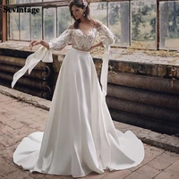 sevintage vintage satin wedding dresses long sleeves v neck lace appliques flowers backless a line bridal dress robe de mariage