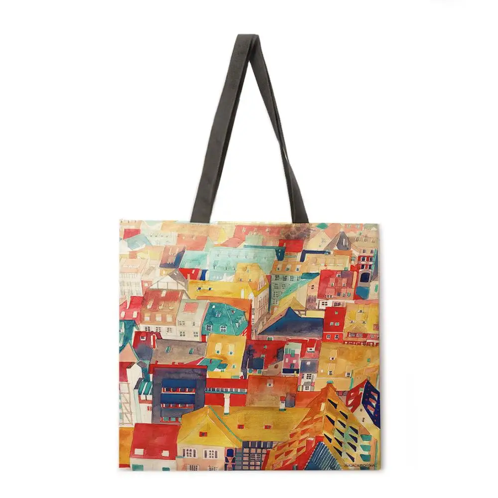 

Women's beach bag foldable shoulder bag shopping bag oil painting life scene printing tote bag linen casual tote bag reusable