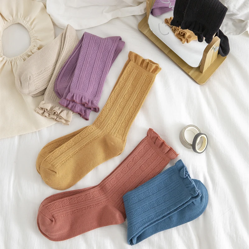 

2021 Women Fashion Socks New Autumn 1 Pair Crew Socks For Female Breathable Solid Color Ruffle Simplicity Trendy Casual Girl