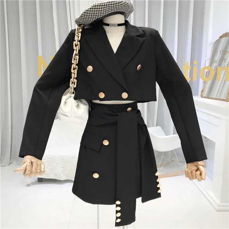

Internet Celebrity Two Piece Suit Women's 1 Autumn New Design Double Breasted Crop Top+ Button Sashes Skirts High Street