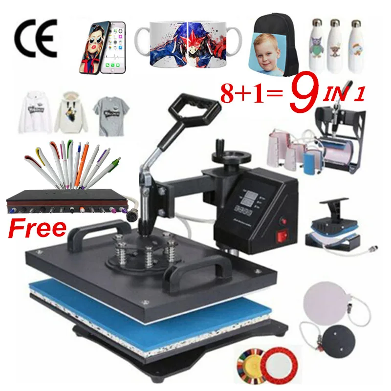 

30*38CM 8 in 1 Combo Heat Press Machine Sublimation Printer 2D Thermal Transfer Pen Cloth Cap Mug Plate T-shirt Printing Machine