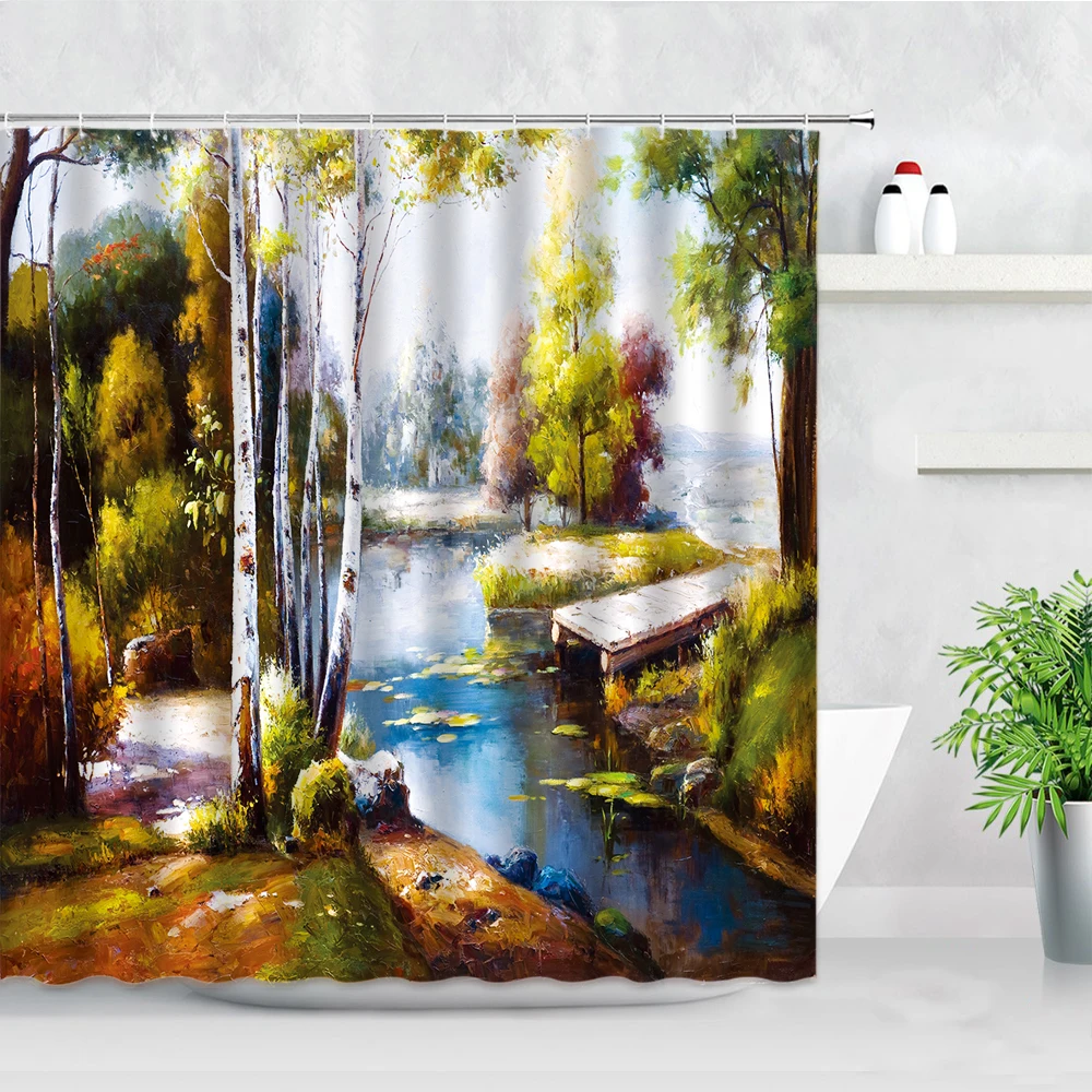 

Forest Bridge River Pattern Shower Curtains Trees Natural Scenery Oil Painting Art Waterproof Fabric Home Decor Bathroom Curtain