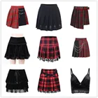 Красная клетчатая мини-юбка с поясом в стиле панк, плиссированная