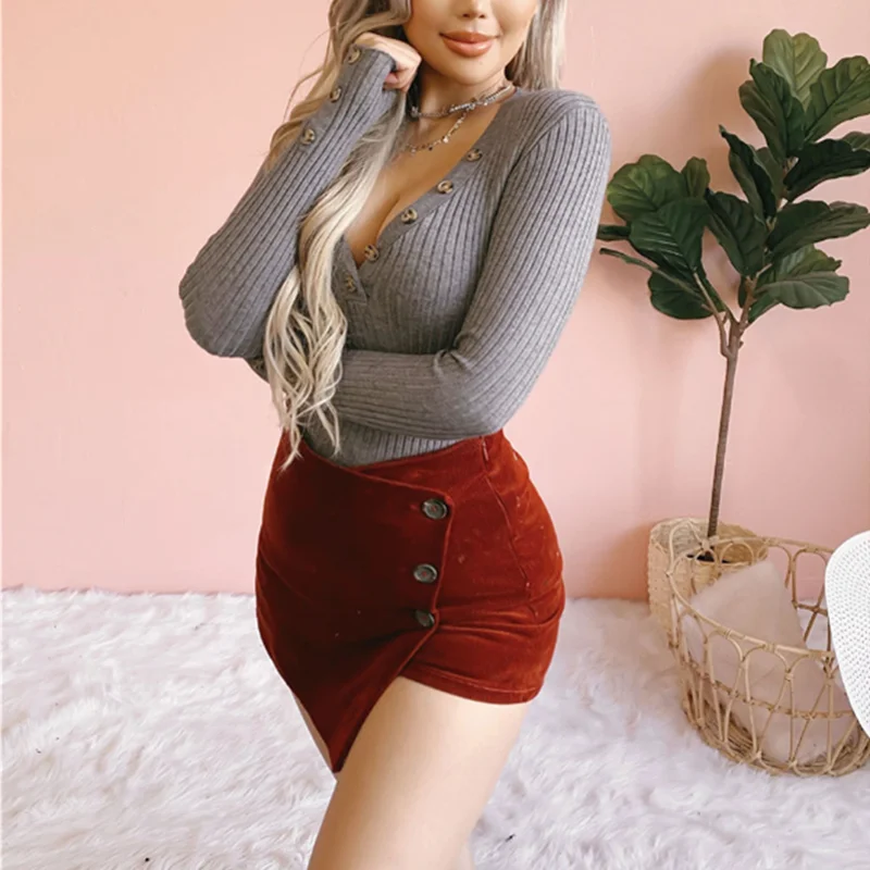 

Woman's Knitton Button Decor Bodycon Sexy White Shirt Long Sleeve Low Cut V-Neck Basic Slim Grey Club Blouse Pullover 2021Spring