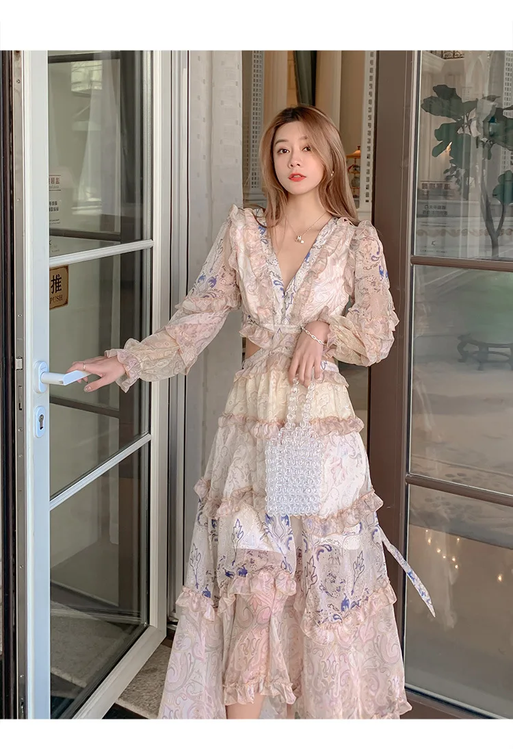 

Chiffon Dress for Women 2021 Spring New Socialite Temperament V-neck Waist-Controlled Slimming Seaside Vacation Long Dress
