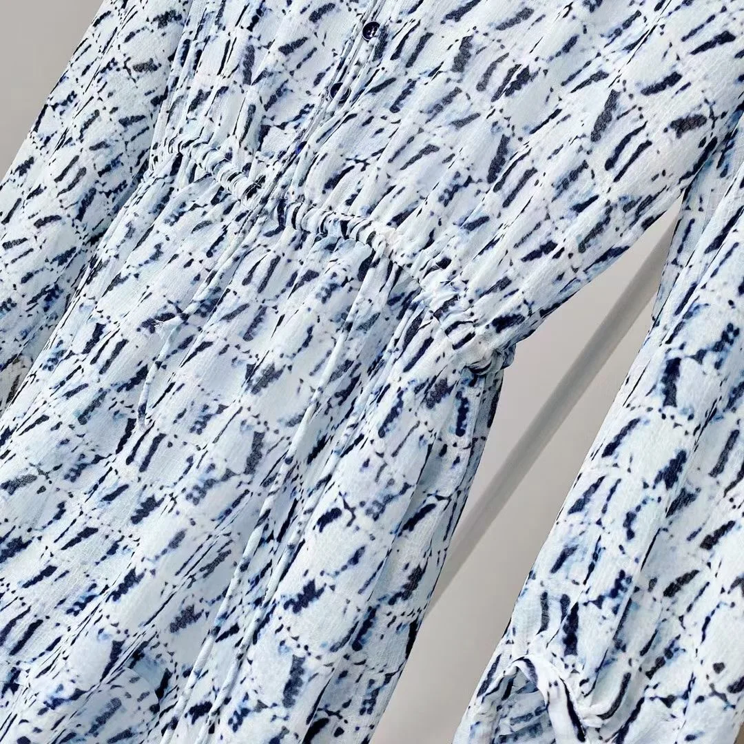 

Dress for Women Casual Tie Dye Print O-neck with Lace-up Long Sleeve Summer Midi Dresses