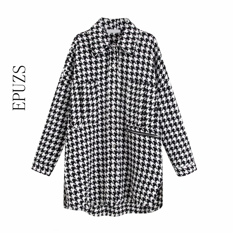 Женская твидовая куртка с длинным рукавом Повседневная теплая белая клетчатая