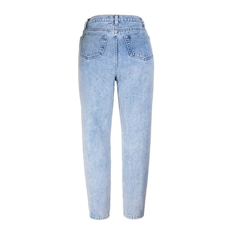 

Classic Women Loose Casual Denim Pants Boyfriend Style Bleached Ripped Trousers Light Blue High Waist Wash Button Straight Jeans