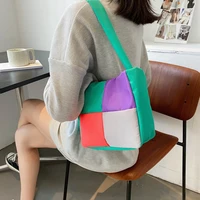 korean candy plaid shoulder bags for women patchwork colorful canvas ladies handbags work weekend colorful female purses bucket