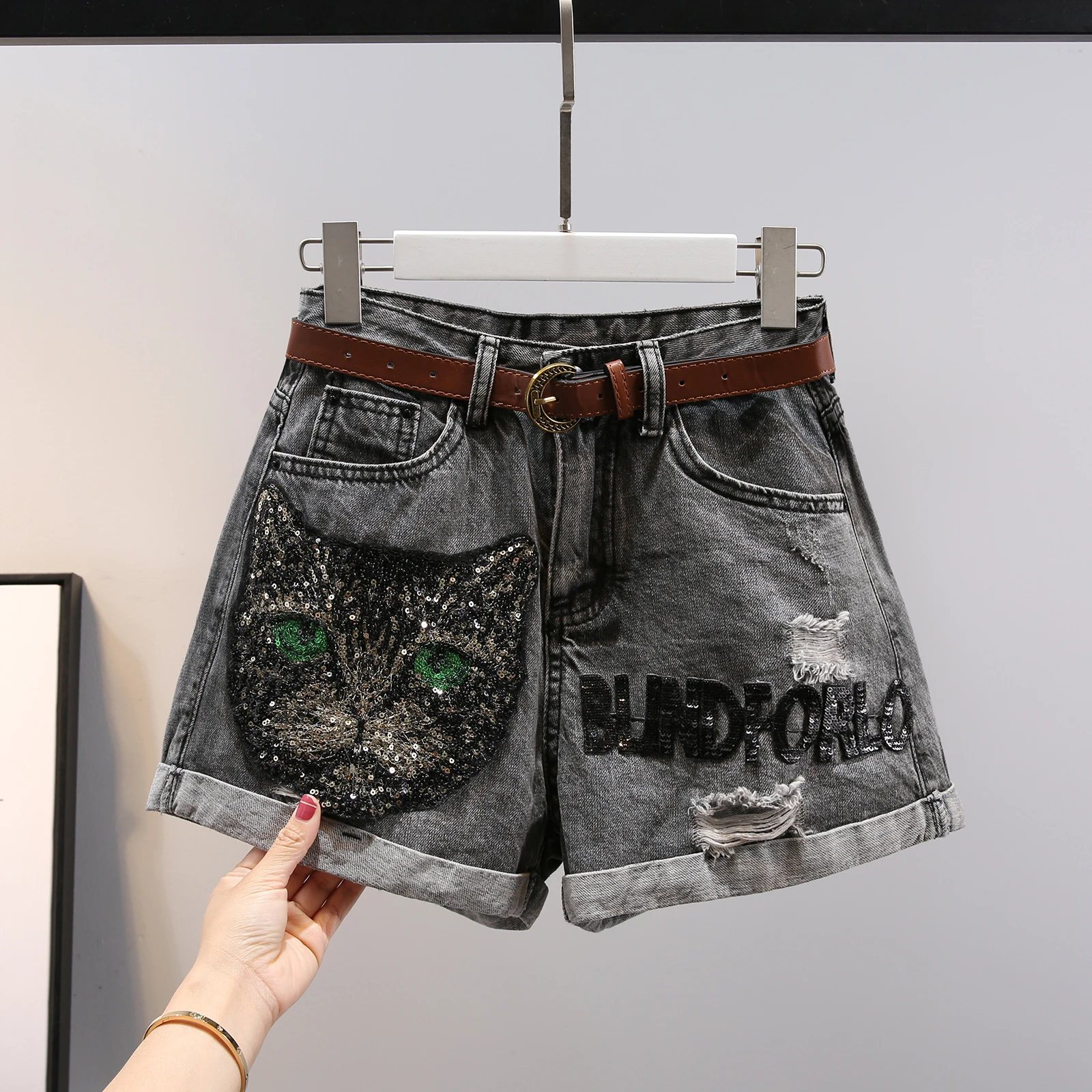 

Cotton Denim Shorts Women New Summer Diamond Sequins Letter All-match Loose Wide Leg Short Jean Black Gray Casual Hot Shorts