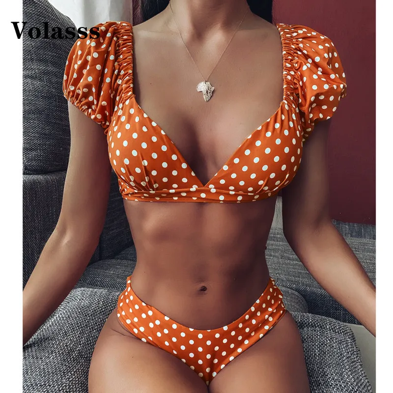 

2022 Women's Swimsuit Sexy Bubble Sleeve Wave Point V-neck Bikini Girls Swimwear Women Two Piece Womens Swim Wear Badpak Dames