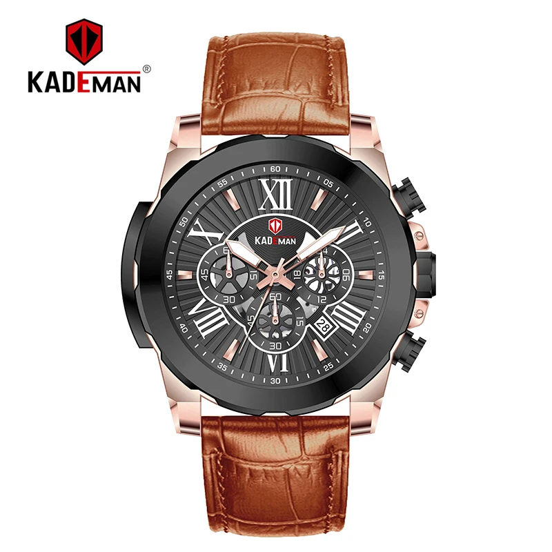 Роскошные Брендовые мужские часы KADEMAN, 6 стрелок, с хронографом, календарем, римскими цифрами, модные мужские кожаные кварцевые наручные часы 848