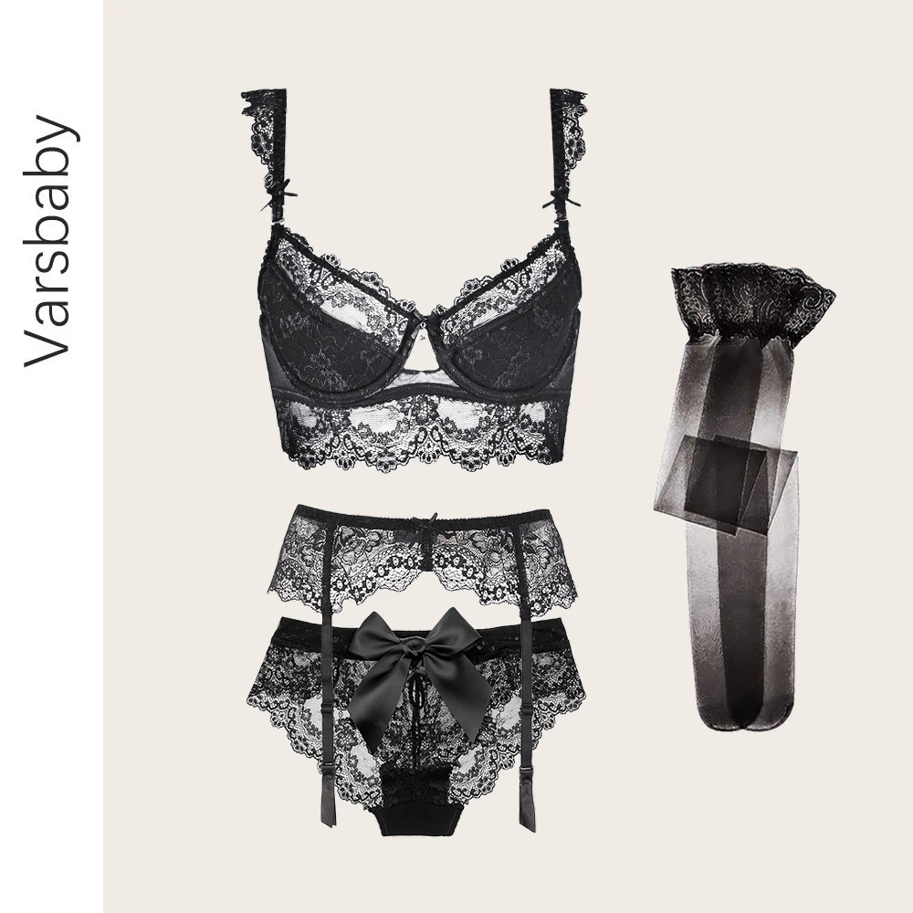 

Varsbaby Women 4-Piece Set Sexy Lingerie Push up Bra + Bow See-through Panties + Lace Garter Belt+ stocking Black