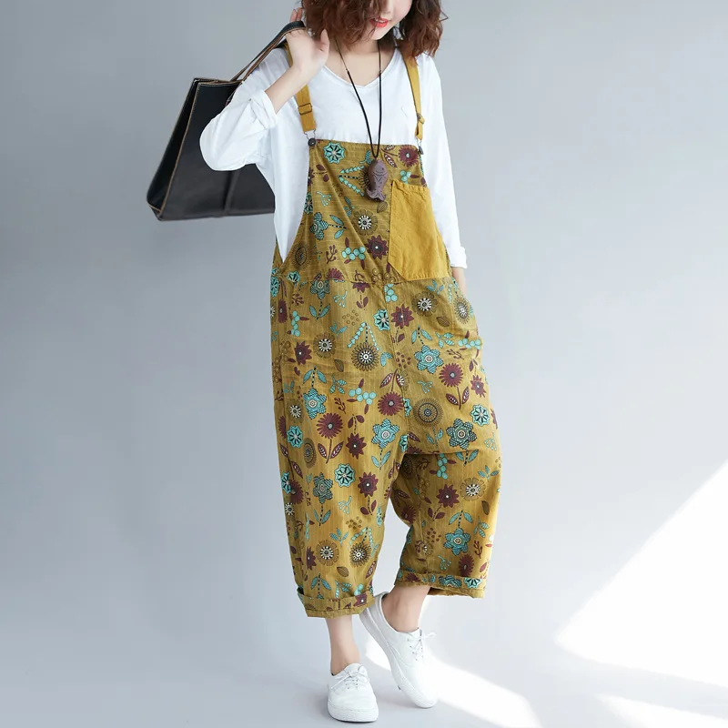 

Women Plus Size Loose Jumpsuits Spliced Drop Crotch Cotton Denim Bib Pants Female Casual Colorful Floral Printing Overalls