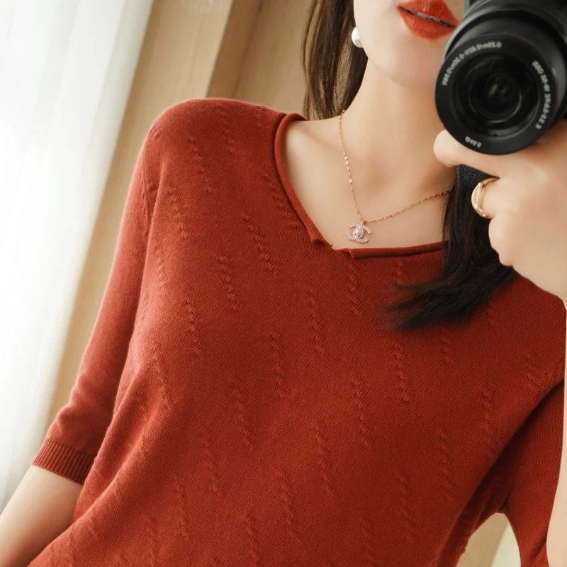 

2021 pure cotton short-sleeved V-neck women's five-point sleeves loose knitting half sleeves with T-shirt bottoming shirt tide