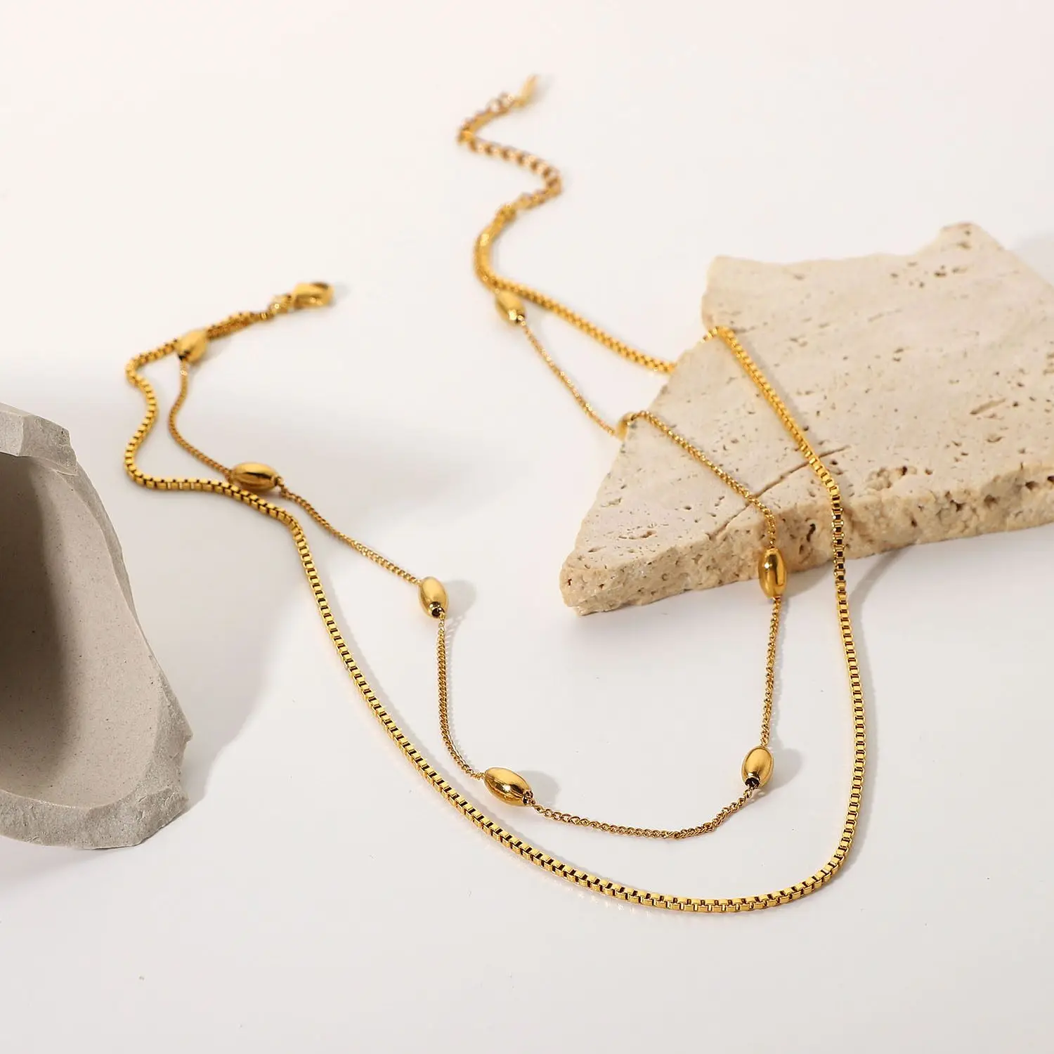 Простое Двухслойное ожерелье из нержавеющей стали овальные шарики цепочка-чокер