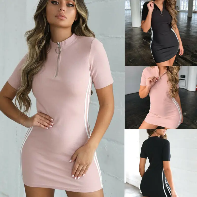 

New Cotton Fashion Women Sports Short-Sleeved Zipper Dress Slim Wrap Sport Long Tops Casual Mini One Piece Suit