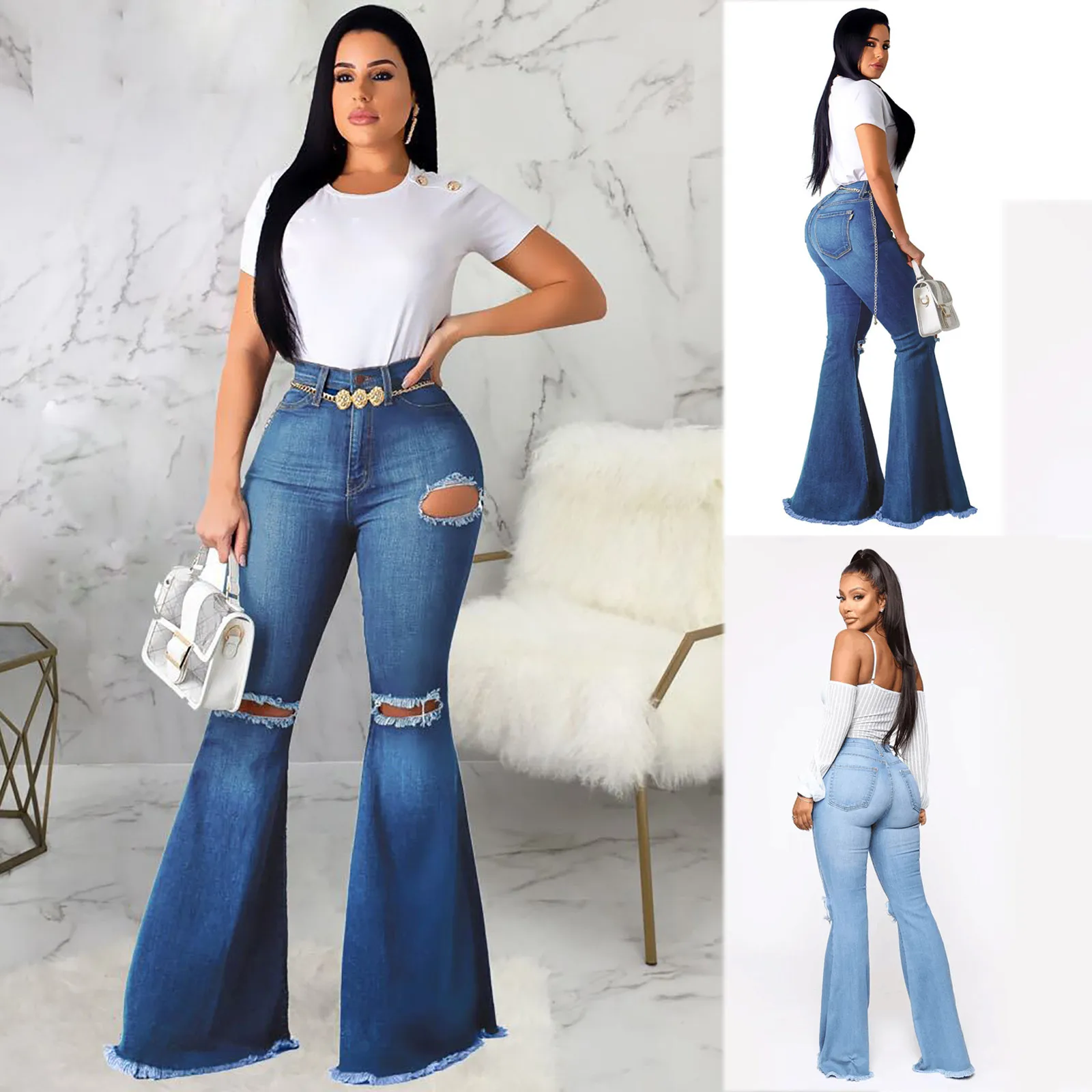 

53# Flare Jeans Pants Women Vintage Denim Ladies Jeans Women High Waist Fashion Stretch Pocket Trousers Plus Size Wide Leg Jeans
