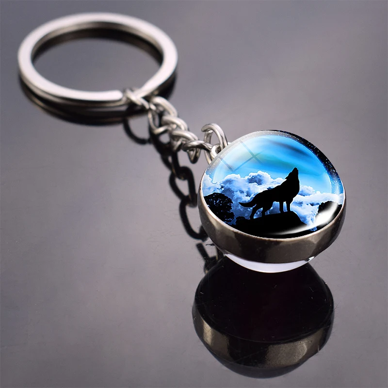 Glow in Dark Jewelry Howling Wolf Keychain Wolf Luminous Glass Cabochon Pendant Keyring Double Side Glass Ball Keychain