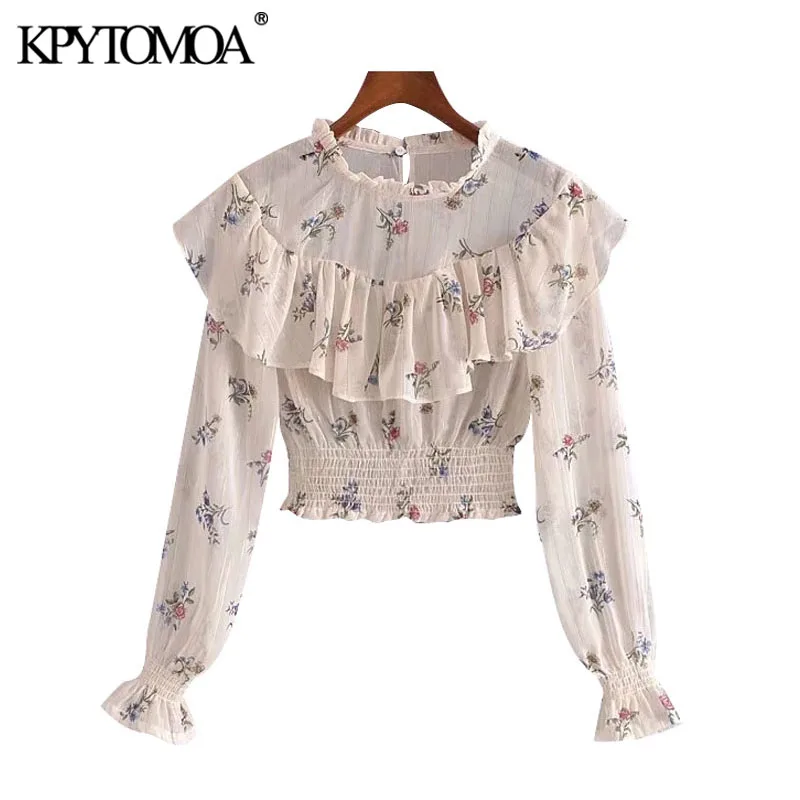 

KPYTOMOA Women 2021 Fashion Floral Print Ruffled Cropped Blouses Vintage Long Sleeve Smocked Hem Female Shirts Blusas Chic Tops
