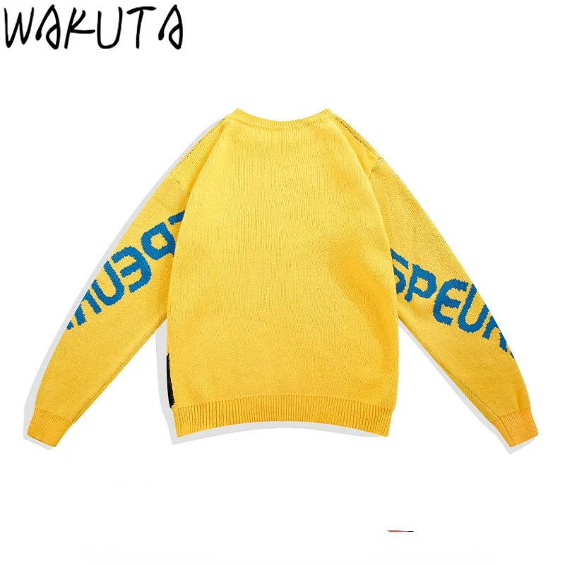 WAKUTA Japanese Vintage Cats Sweaters Harajuku Fashion Oversized Long Sleeve Yellow Black O Neck Pullover Chic Knit Cartoon Tops | Женская
