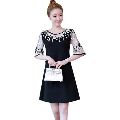 

New temperament plus size women's lace stitching dress summer dress fat MM was thin 100 catties cover the meat long skirt tide