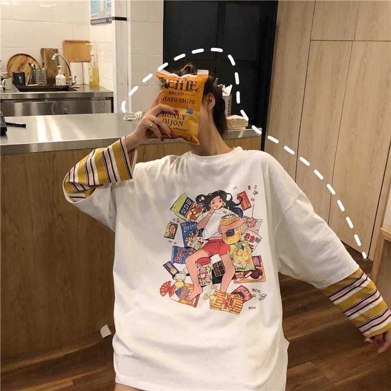 NiceMix, осенняя Женская одежда, корейский Ulzzang, Harajuku, футболка с забавным принтом, поддельные две футболки с длинным рукавом, женские свободные футболки
