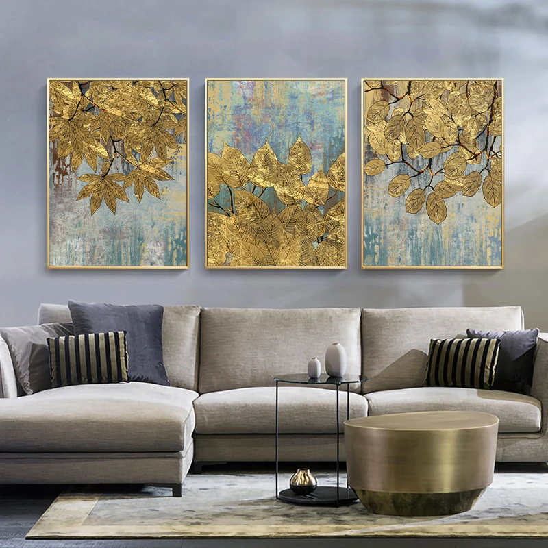 

Scandinavian Style Golden Leaf Canvas Art Posters and Print Nordic Plants Wall Art Decorative Pictures For Living Room