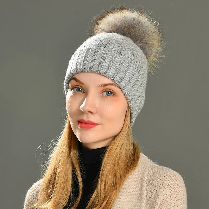 Winter Real Raccoon Fur Pom Pom Hat Women Ladies Wool Knitted Cap With Big Fluffy Fur Pompom Wool Cashmere Angora Fur Beanie Hat