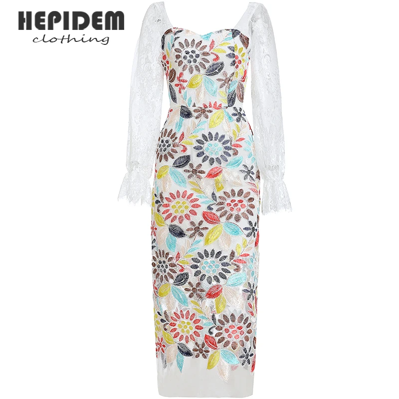 

HEPIDEM Clothing Vestidos Mujer Chic Mesh Embroidery Lace Dresses Women French Elegant Slim Party Autumn Split Midi Dress 9910