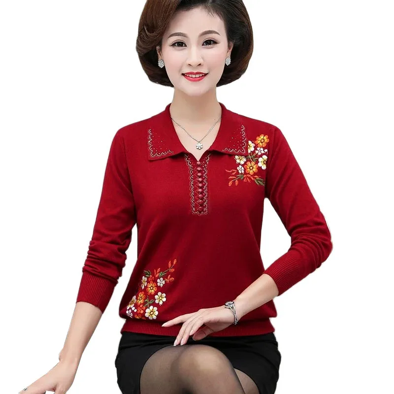 

Middle-aged Women Sweater 2021 New Fashion Pullover Spring Autumn Mother Clothes Embroidery Long-sleeved Knitted Sweater Jumper