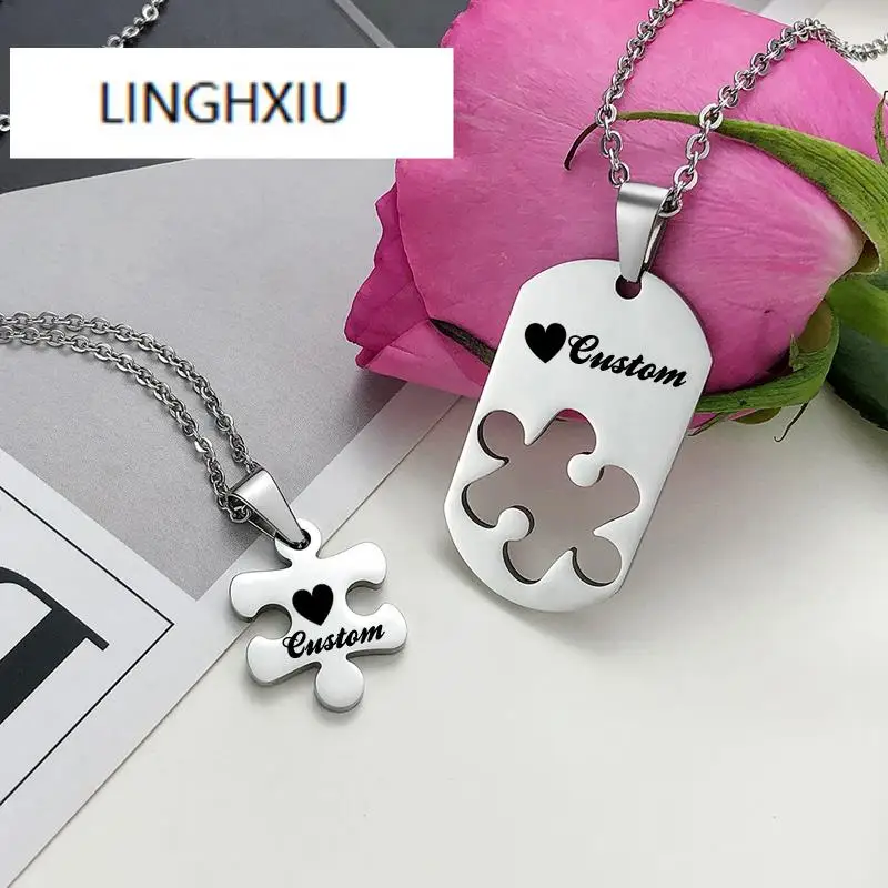 

Couple Necklaces Stainless Steel Puzzle Pendant 2pieces Pieces Custom Engrave Text Split Gift for Best Friend Lover Jewelry