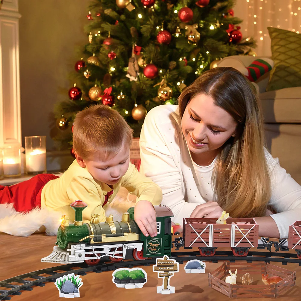 

iBaseToy Animal Theme Model Train Set Vintage Steam Train with Headlight and Kids Christmas Festival Birthday Gift