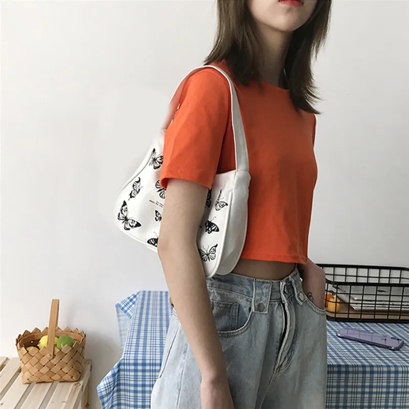 

Spring Women Small Handbag Butterfly Print Canvas Tote Ladies Fashion Underarm Bag Zipper Half Moon Bags Cotton Cloth Purse