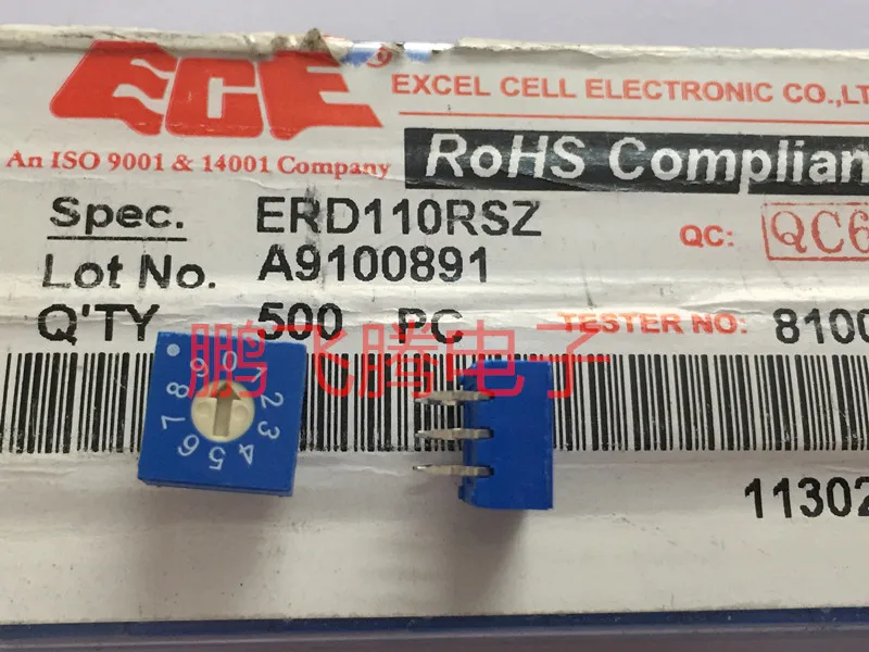 1PCS Taiwan ECE ERD110RSZ 0-9/10-bit rotary dial coding switch 3: 3-pin positive code top adjustment straight 6-pin 10*10 |