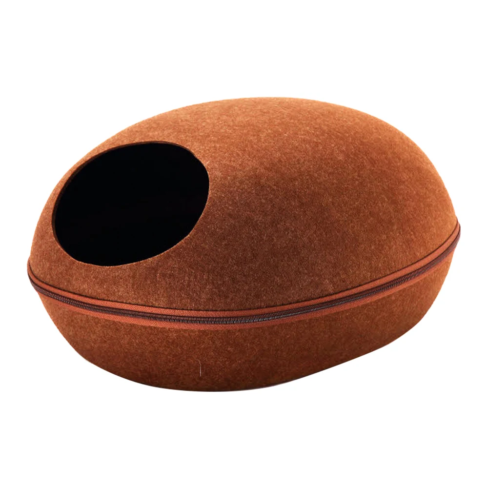 brown Egg Shape Dog Cat Bed Cat Sleeping Bag Zipper Felt Cloth Winter Warm Pet House All Around Cat Nest With Detachable Cushion Mat - Цвет: brown
