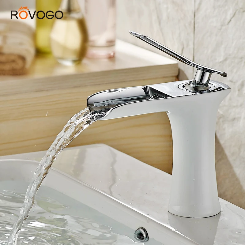 ROVOGO одной ручкой смеситель для туалетного столика в ванной комнате водопад палуба крепление, белый умывальник краны холодной горячей смеситель кран латунь