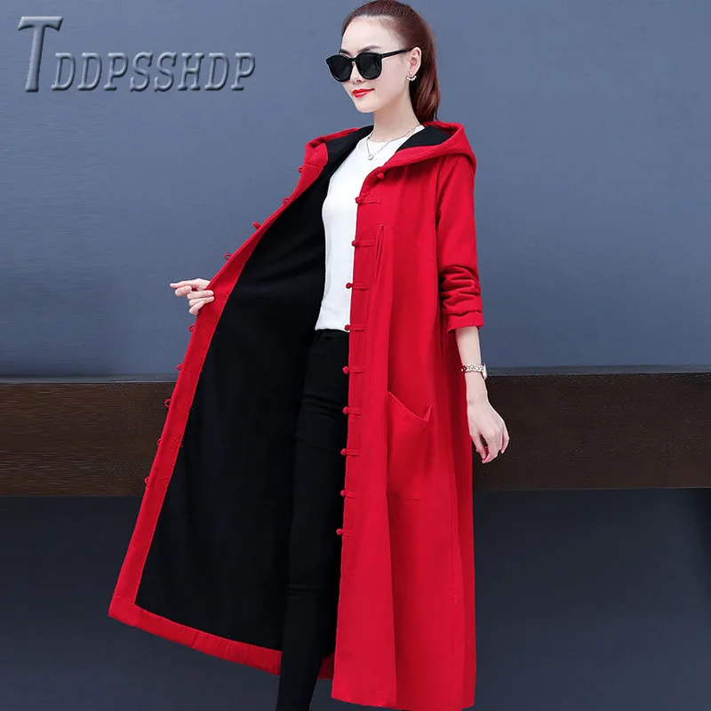 

2019 Retro Ethnic Women Coat Winter Long Style Lining With Fluff Female Trench Overcoat